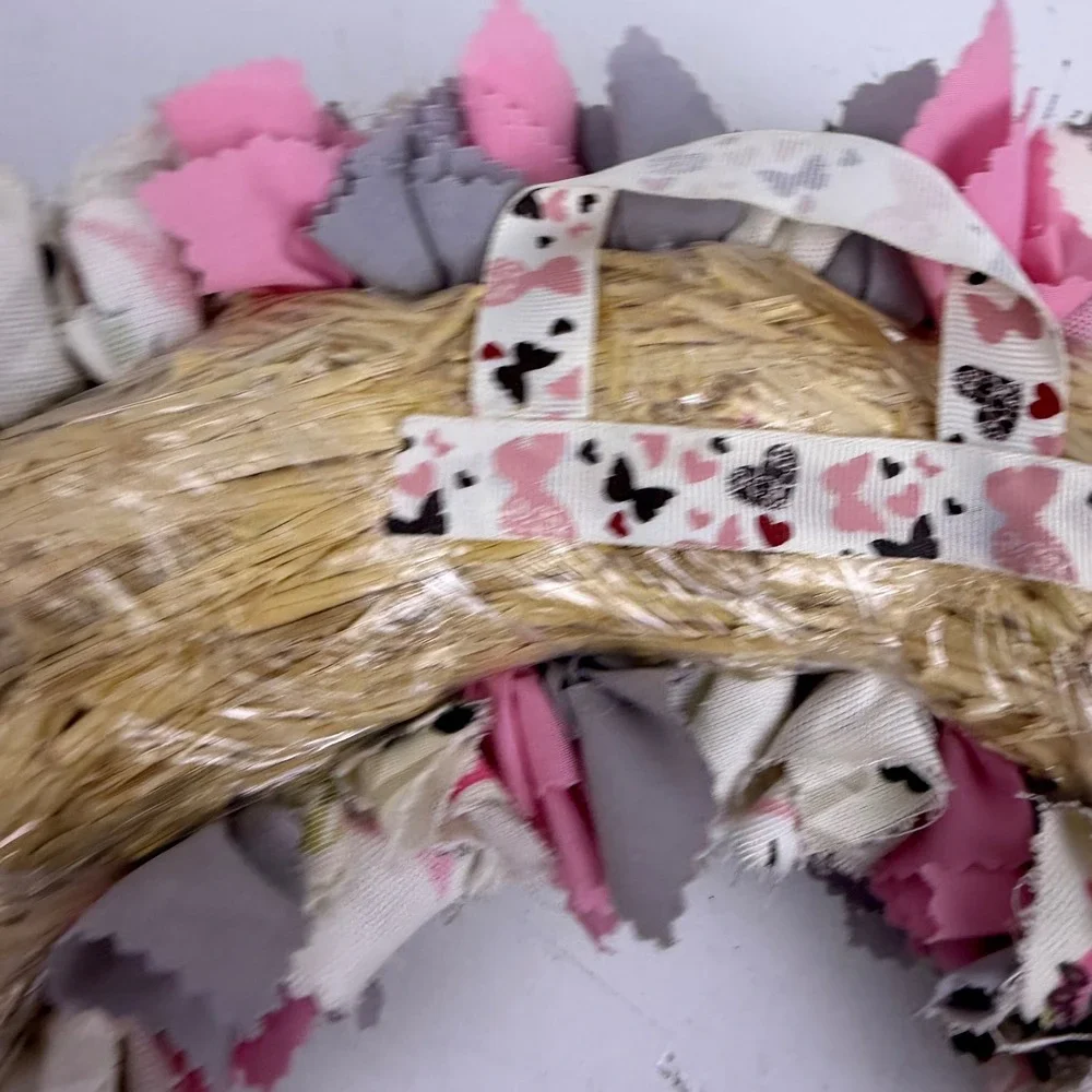 Handmade Shabby Chic Owl Rag Wreath Pink Grey Burlap Roses Nursery Decor 12